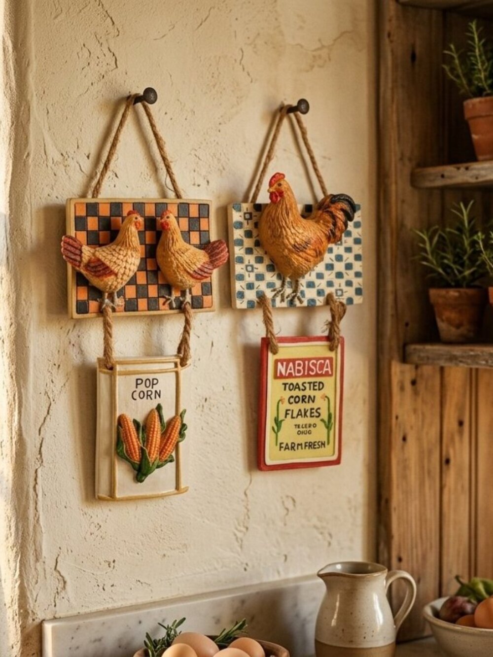 Vintage Nabisco Corn Flakes & Popcorn Hanging Chicken Decor Set - 2 Pcs